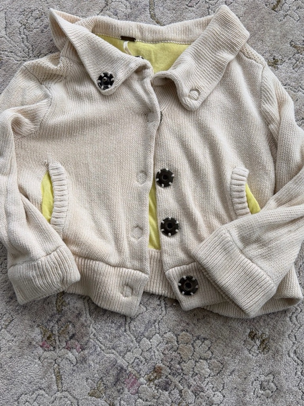 Free People Cream Knit Button-Up Jacket with Yellow Lining